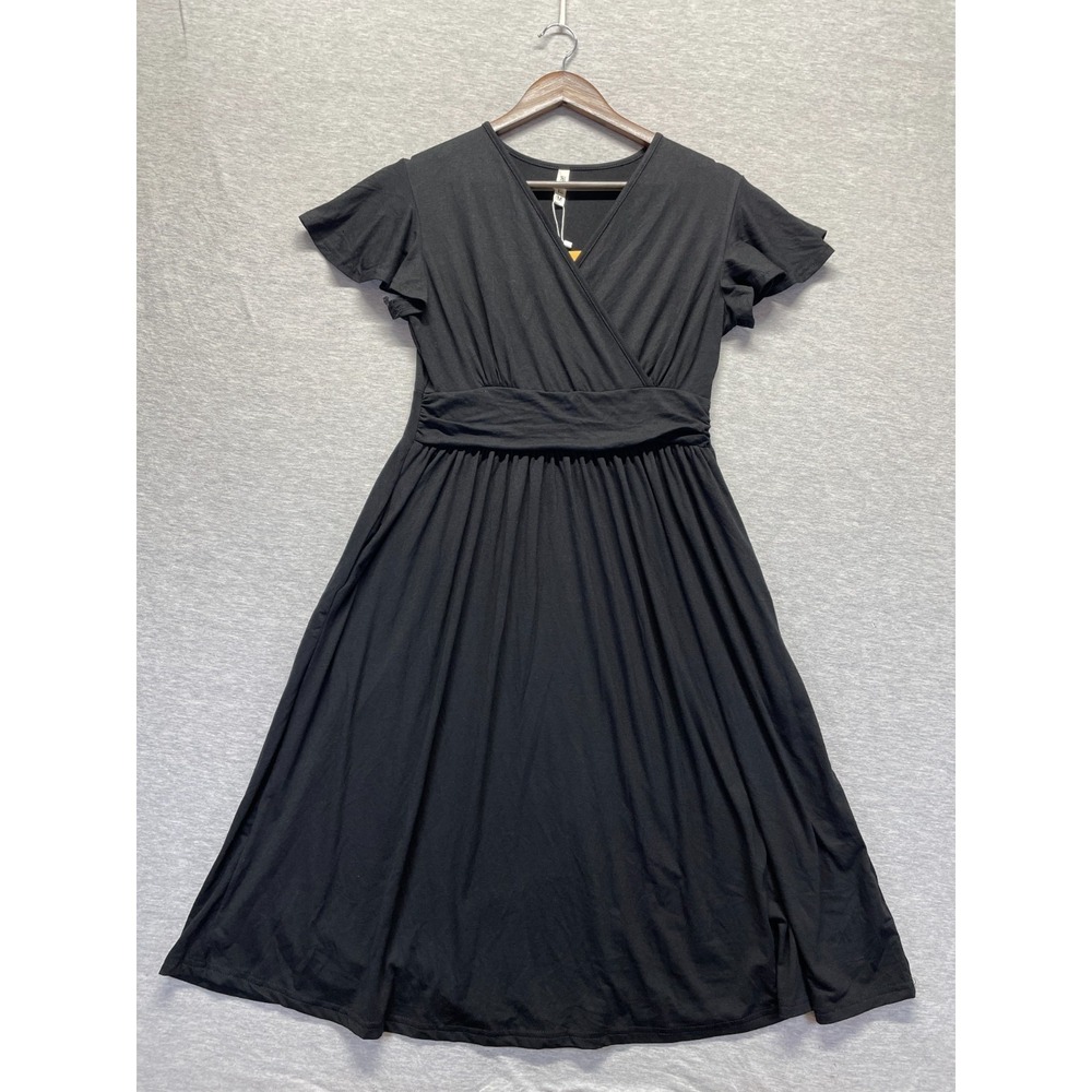 Grecerelle Wrap Dress Women's Medium Black Ruffle Short Sleeve V-Neck Pleated